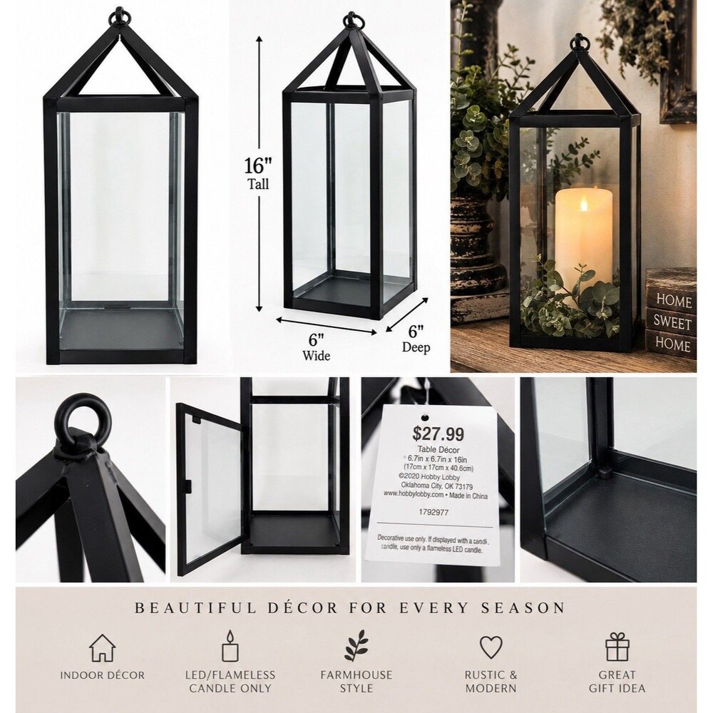 Hobby Lobby Black Metal Glass Lantern 16” Candle Holder Farmhouse Gothic Decor